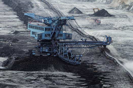 Coal mining in an open pit with huge industrial machine