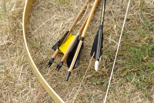 color archery arrows and bow in nature on the ground