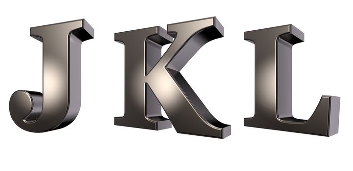 metal letters j, k and l on white background - 3d illustration