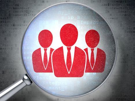 Magnifying optical glass with Business People icon on digital background, 3d render