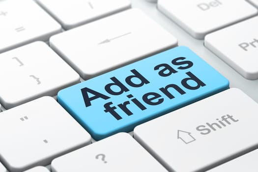 Social media concept: computer keyboard with word Add as Friend, selected focus on enter button background, 3d render
