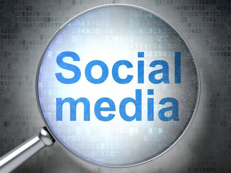 Magnifying optical glass with words Social Media on digital background, 3d render