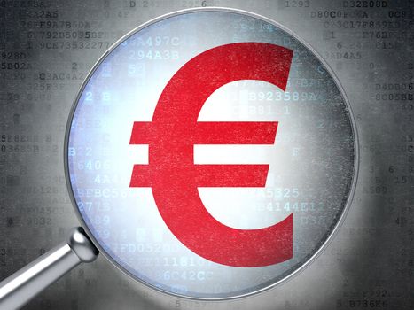 Magnifying optical glass with Euro icon on digital background, 3d render