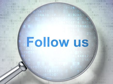 Magnifying optical glass with words Follow us on digital background, 3d render