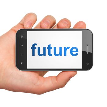 Timeline concept: hand holding smartphone with word Future on display. Generic mobile smart phone in hand on White background.