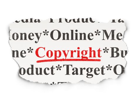 Advertising concept: torn newspaper with words Copyright on Paper background, 3d render