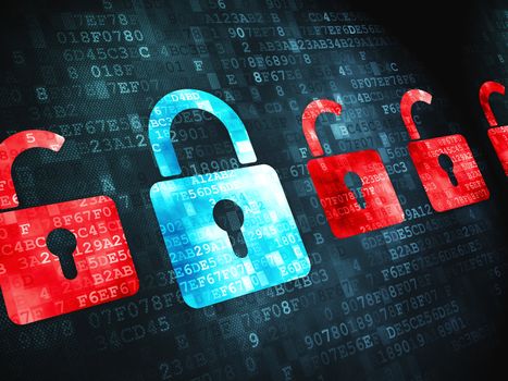 Safety concept: pixelated Locks icon on digital background, 3d render