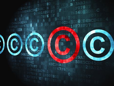 Law concept: pixelated Copyright icon on digital background, 3d render