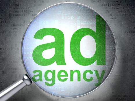 Magnifying optical glass with words Ad Agency on digital background, 3d render