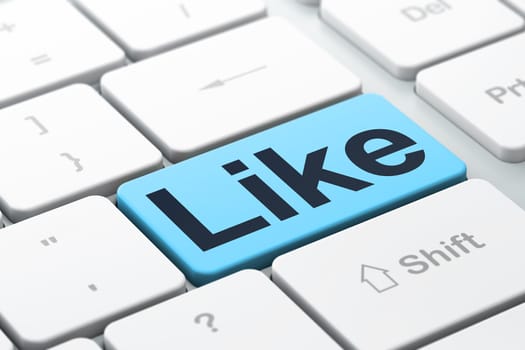 Social network concept: computer keyboard with word Like, selected focus on enter button background, 3d render