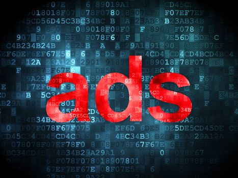 Marketing concept: pixelated words Ads on digital background, 3d render