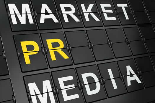 Marketing concept: PR on airport board background, 3d render