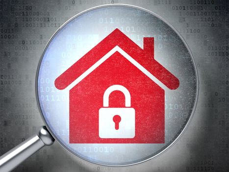 Magnifying optical glass with Home icon on digital background, 3d render