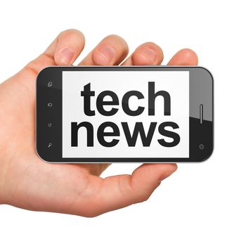 News concept: hand holding smartphone with word Tech News on display. Generic mobile smart phone in hand on White background.