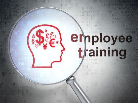 Magnifying optical glass with Finance Symbol icon and Employee Training word on digital background, 3d render