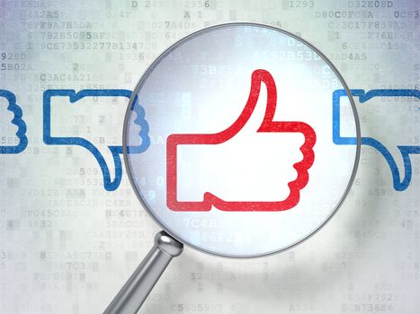 Magnifying optical glass with Like, Unlike icons on digital background, 3d render