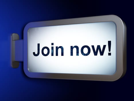 Social media concept: Join now! on advertising billboard background, 3d render