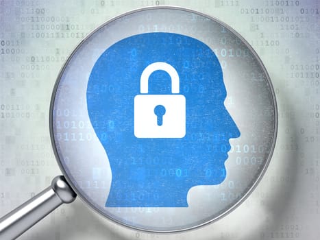 Magnifying optical glass with Head Whis Padlock icon on digital background, 3d render