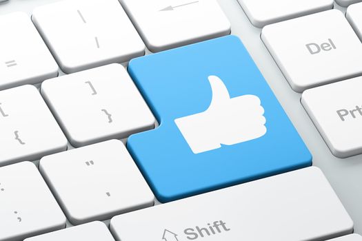 Social network concept: Enter button with Like on computer keyboard background, 3d render