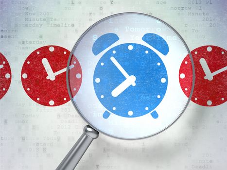 Magnifying optical glass with Alarm Clock icons on digital background, 3d render
