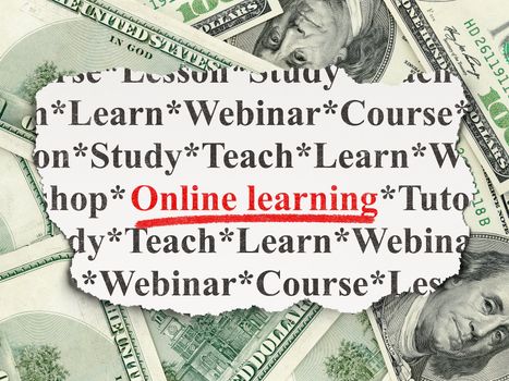 Education concept: torn newspaper with words Online Learning on Money background, 3d render