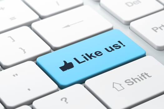Social network concept: computer keyboard with Like icon and word Like us!, selected focus on enter button, 3d render