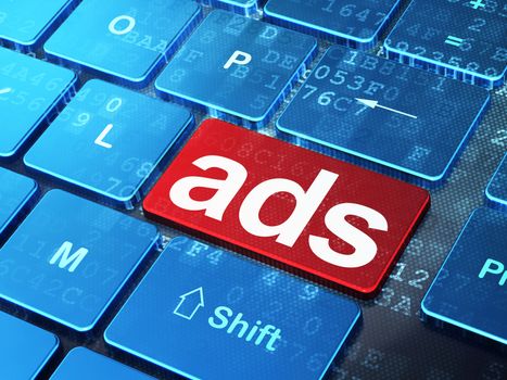 Advertising concept: computer keyboard with word Ads on enter button background, 3d render