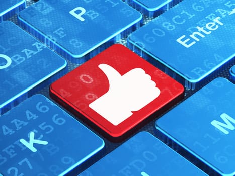 Social media concept: computer keyboard with Like icon on enter button background, 3d render