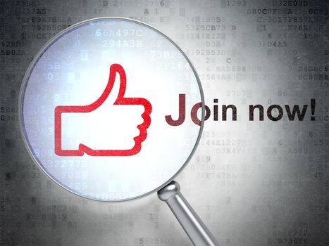 Magnifying optical glass with Like icon and Join now! word on digital background, 3d render