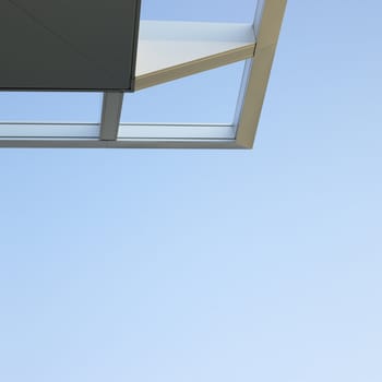 Modern architectural building awning against blue sky