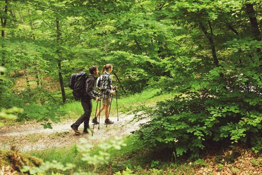 Young couple nordic walking on path in the forest