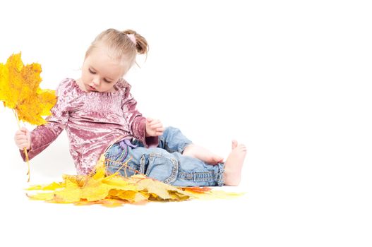 Shot of little girl playing with muple leaves in studio