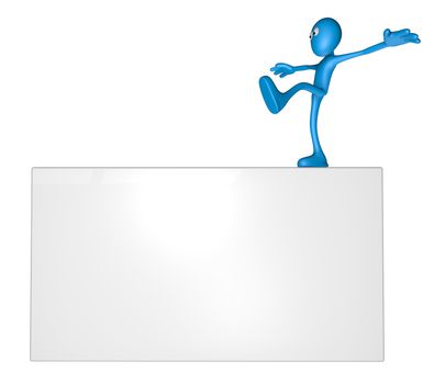 cartoon guy balances on white board - 3d illustration