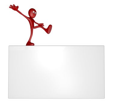 cartoon guy balances on white board - 3d illustration