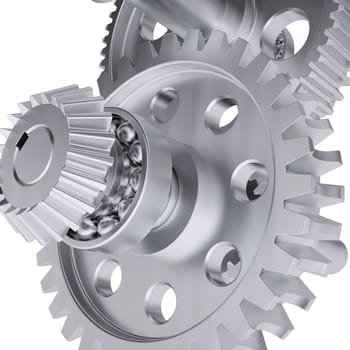 Metal shafts, gears and bearings. 3d render on white background