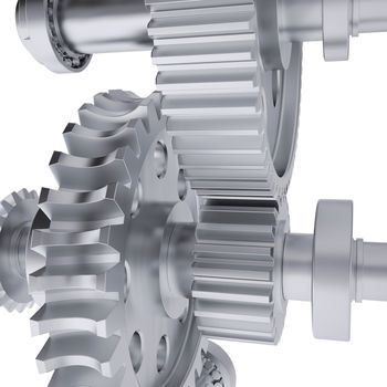 Metal shafts, gears and bearings. 3d render on white background