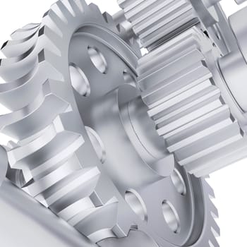 Metal shafts, gears and bearings. 3d render on white background