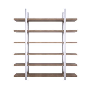 Wooden shelves with metal stands. 3d rendering on white background