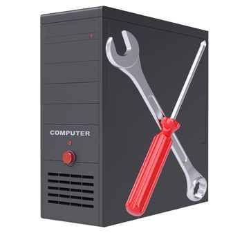 Computer system and tools. Isolated render on a white background