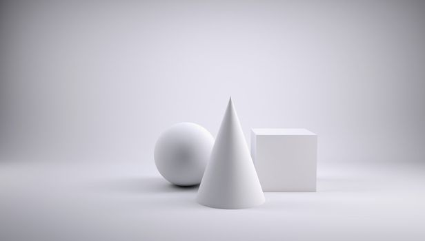 Ball, cube and cone. 3d render of a gray background