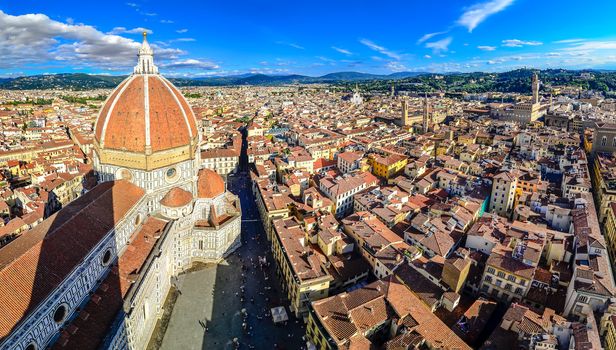 Panoramic view of Florence with Duomo and cupola taken from Campanila, Italy