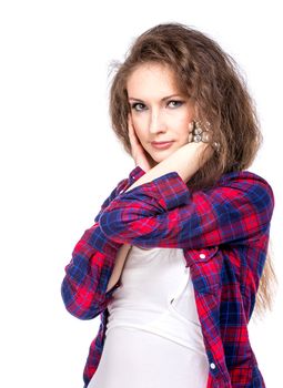 Attractive young woman in a checkered shirt, isolated