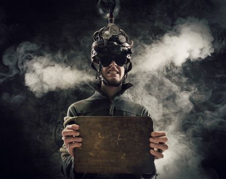 Man wearing a brain-control helmet, human brain-related experiments