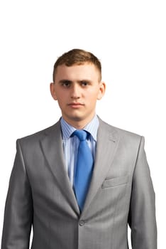 Portrait of sad businessman looking into the camera, isolated on white background