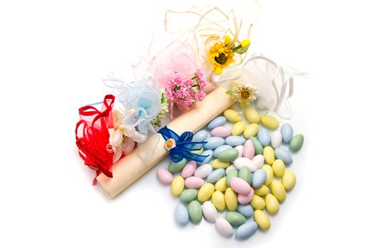 different colored candy favor on white background
