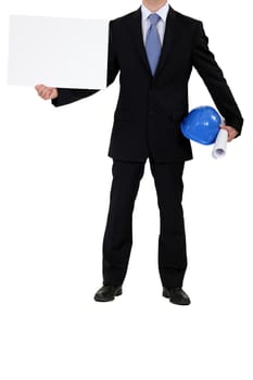 Architect holding blank poster