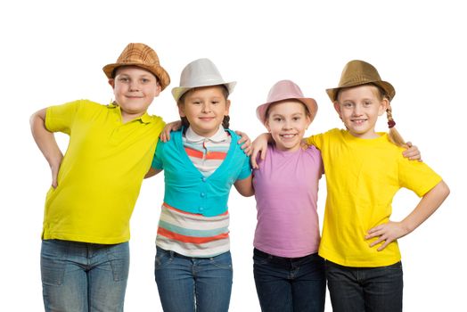 children in a row, wearing a hat. isolated on white background