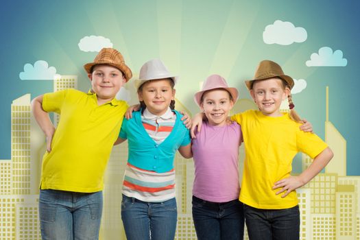 children in a row, wearing a hat. children's team
