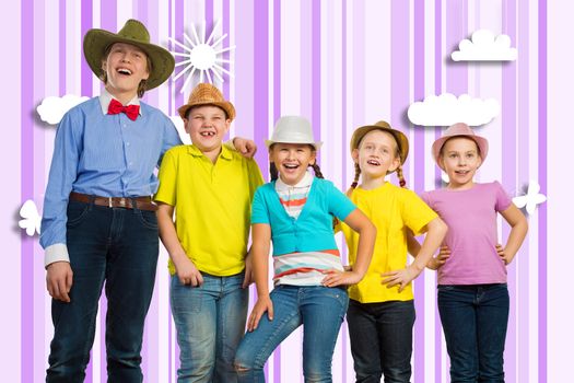 children in a row, wearing a hat. behind painded clouds and sun