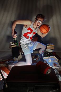 Nerdy excited basketball fans watching television celebrating the victory